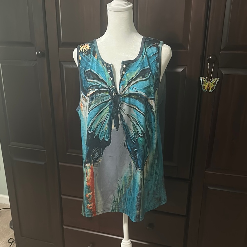 Source Unknown Blue Graphic Embellished Tank Top